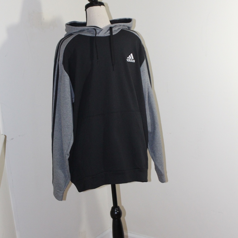 Adidas, hooded sweatshirt black /gray strips on the sleeves kangaroo pocket NWT